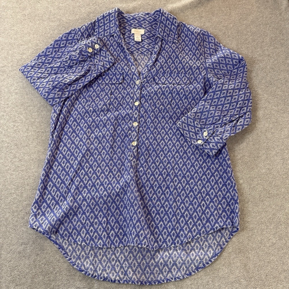 Chicos Women Blue White Ikat Button Front Utility Shirt Sz 1 Medium Cotton - Picture 2 of 5